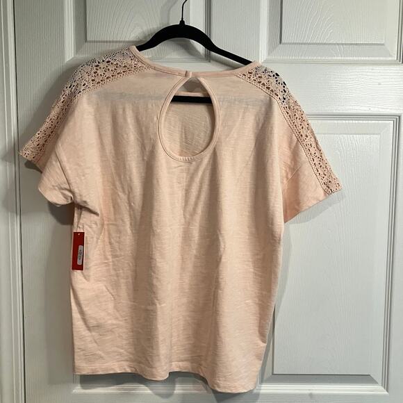 Molly & Isadora Crochet Shoulder Coral 100% Cotton T-Shirt Women's Size 0X NWT - Picture 2 of 5